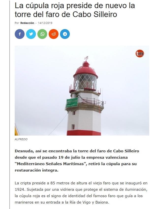 El trabajo de colocación de la cúpula del Faro de Cabo Silleiro en los medios